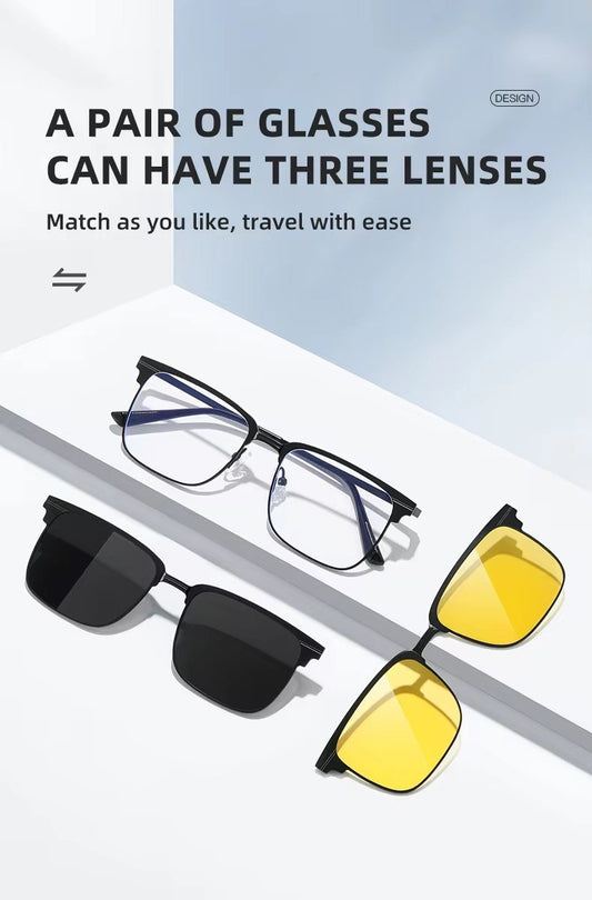 New Metal Square 3 in 1 Magnetic Clip on Glasses Set Polarized Anti Blue Light Sunglasses
