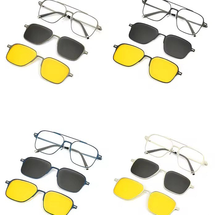 New Metal Square 3 in 1 Magnetic Clip on Glasses Set Polarized Anti Blue Light Sunglasses