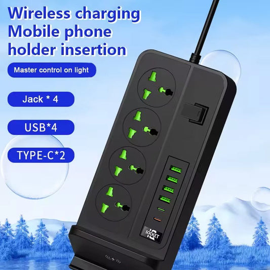 Smart Power Hub: Wireless Charging Extension Socket Strip with USB & Phone Holder – 3000V Surge Protection | 13A | 110–265V
