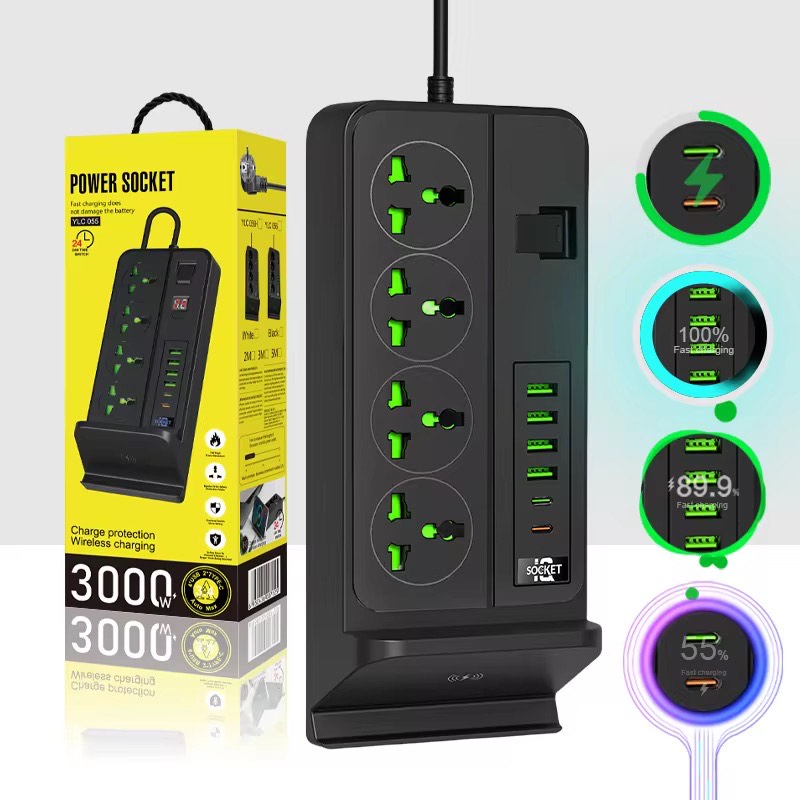 Smart Power Hub: Wireless Charging Extension Socket Strip with USB & Phone Holder – 3000V Surge Protection | 13A | 110–265V