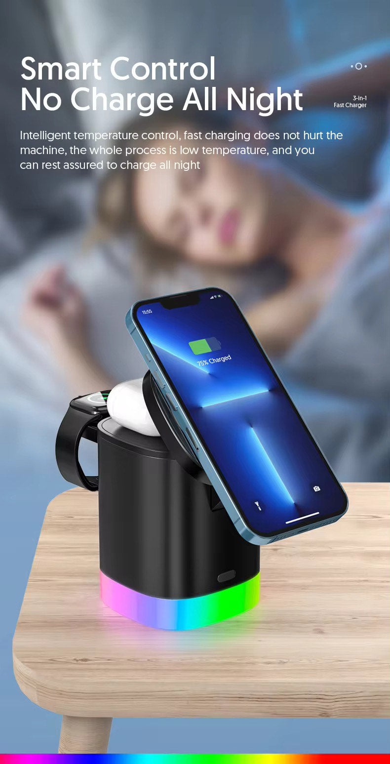 TriCharge™ 3-in-1 Magnetic Foldable Wireless Charger – 15W Fast Charging Cube Stand for Smartphone, Smartwatch & Earbuds – Compact Desktop Dock