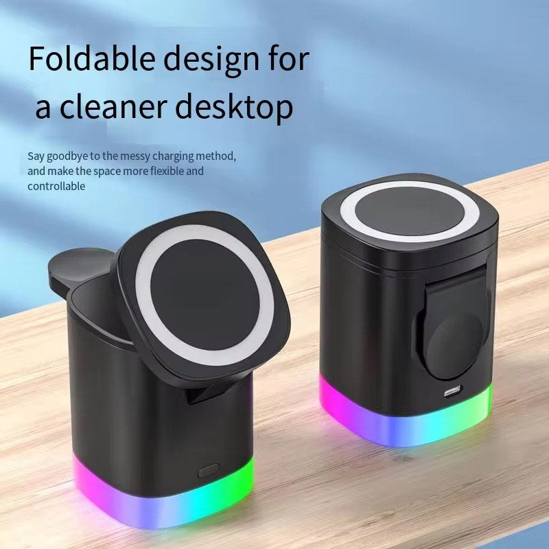 TriCharge™ 3-in-1 Magnetic Foldable Wireless Charger – 15W Fast Charging Cube Stand for Smartphone, Smartwatch & Earbuds – Compact Desktop Dock