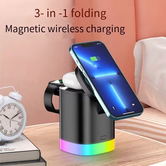TriCharge™ 3-in-1 Magnetic Foldable Wireless Charger – 15W Fast Charging Cube Stand for Smartphone, Smartwatch & Earbuds – Compact Desktop Dock