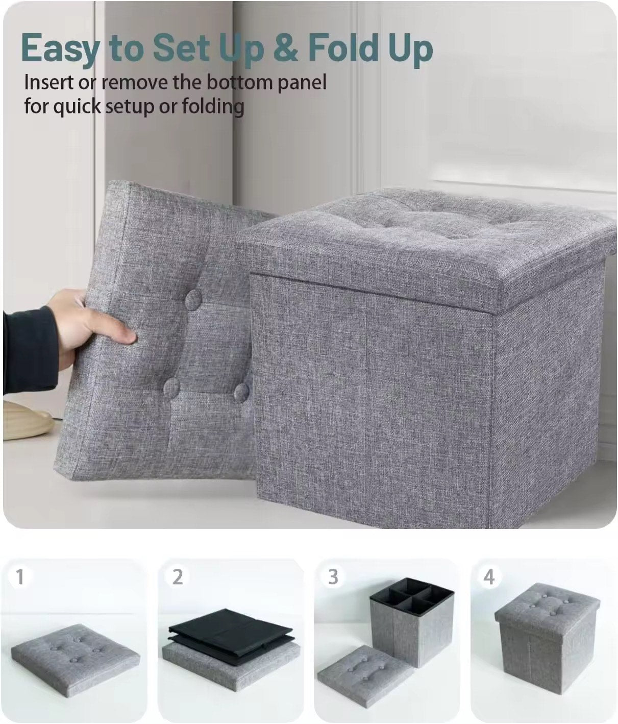 Modern Style Fabric Wooden Folding Storage Stool and Square Ottoman For Bedroom Durable Home Decor Versatile Organization Solution For Bedroom in Hotels Living Rooms and Apartments