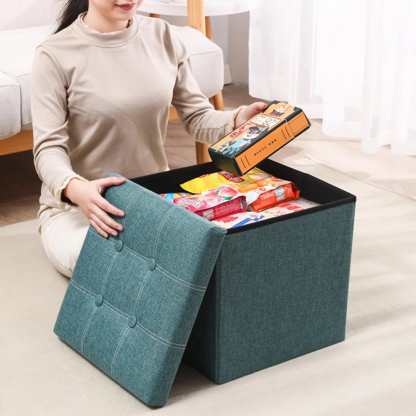 Modern Style Fabric Wooden Folding Storage Stool and Square Ottoman For Bedroom Durable Home Decor Versatile Organization Solution For Bedroom in Hotels Living Rooms and Apartments