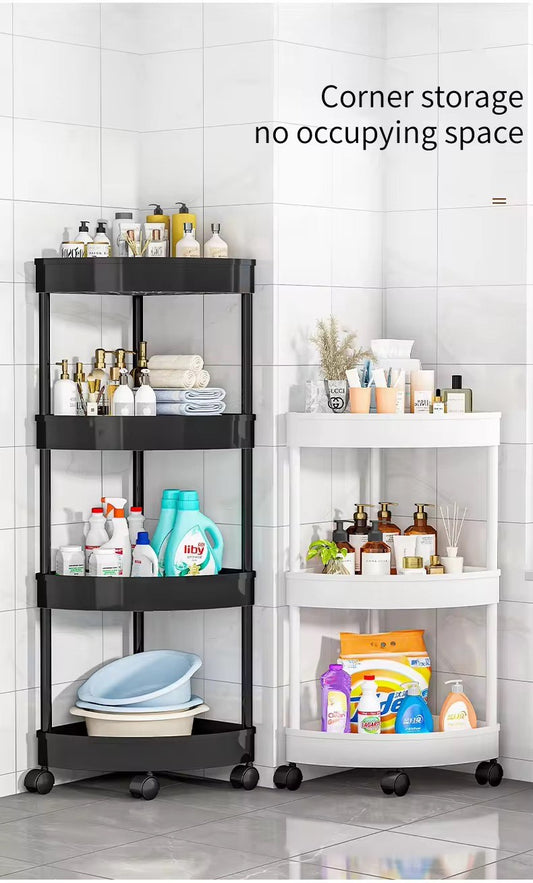 Modern Multi-Layer Plastic Shelf For Kitchen Living Room Bathroom Storage Standing Type Triangle Design Corner Rack with 3 wheels