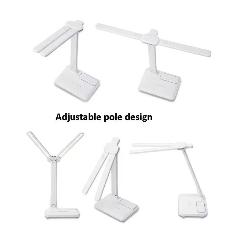 Dual Headed Three level Dimming Foldable Rechargeable and Plug in Dual LED Eye Protected Table Lamp with Modern Design Adjustable Color with Pen Holder