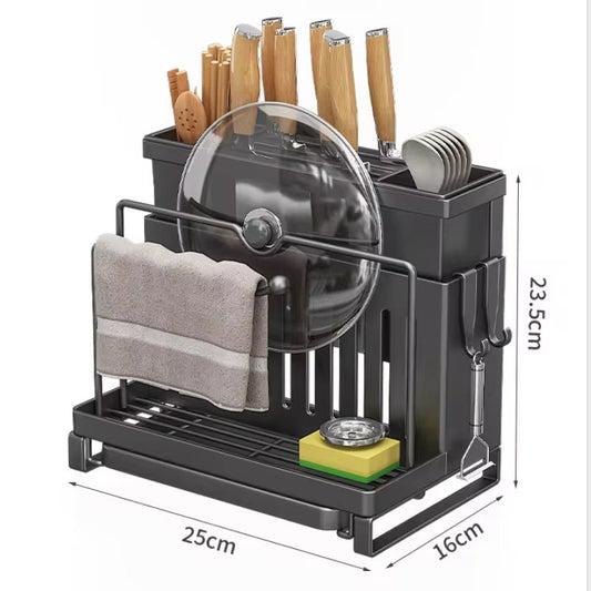 Modern Multifunctional Stainless Steel Kitchen Holder – Wall-Mounted Organizer for Knives, Spoons, Chopsticks, Pot Lids & Cutting Boards