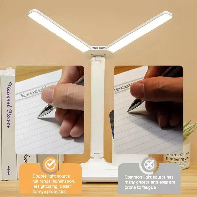 Dual Headed Three level Dimming Foldable Rechargeable and Plug in Dual LED Eye Protected Table Lamp with Modern Design Adjustable Color with Pen Holder