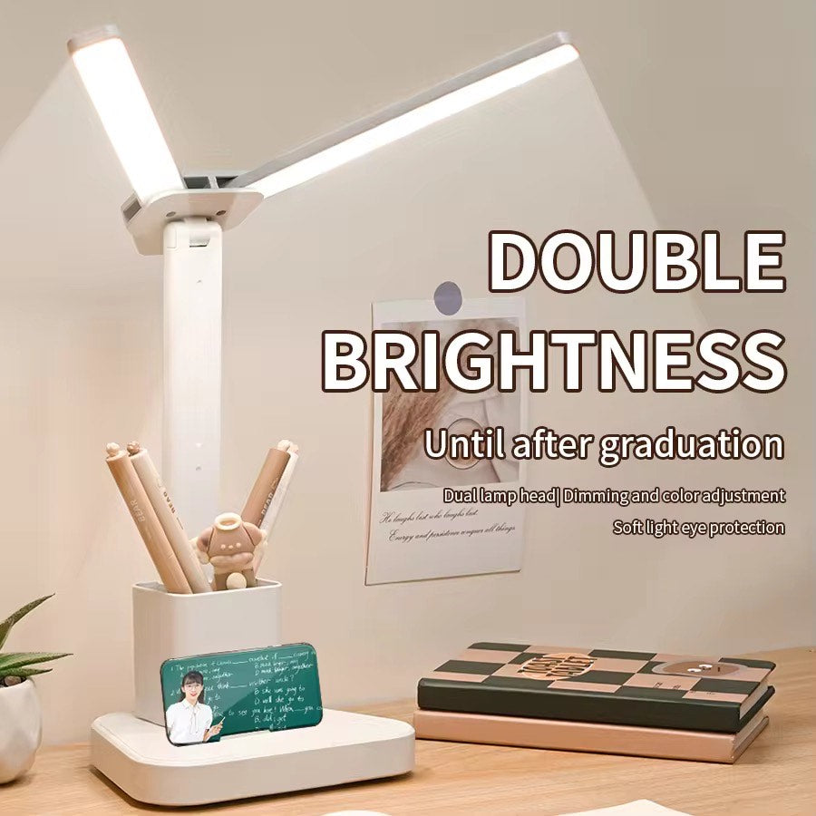 Dual Headed Three level Dimming Foldable Rechargeable and Plug in Dual LED Eye Protected Table Lamp with Modern Design Adjustable Color with Pen Holder
