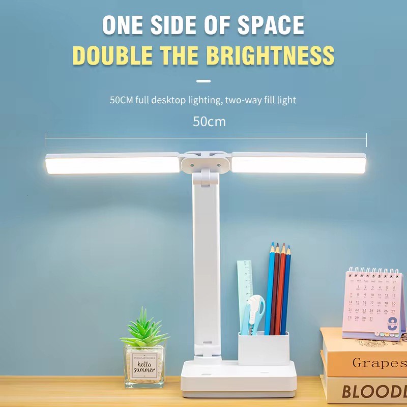 Dual Headed Three level Dimming Foldable Rechargeable and Plug in Dual LED Eye Protected Table Lamp with Modern Design Adjustable Color with Pen Holder
