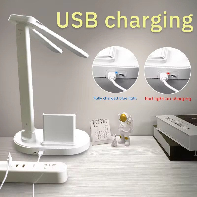 Dual Headed Three level Dimming Foldable Rechargeable and Plug in Dual LED Eye Protected Table Lamp with Modern Design Adjustable Color with Pen Holder