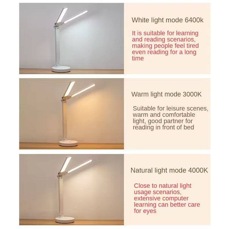 Dual Headed Three level Dimming Foldable Rechargeable and Plug in Dual LED Eye Protected Table Lamp with Modern Design Adjustable Color with Pen Holder