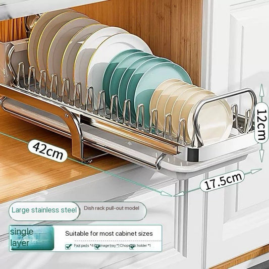 Premium Stainless Steel Kitchen Organizer Tray with Sliding Drawer – Multi-Functional Dish Rack, Plate Drainer, Cutlery Holder for Spoons, Chopsticks, and Utensils – Space-Saving Countertop Storage Solution