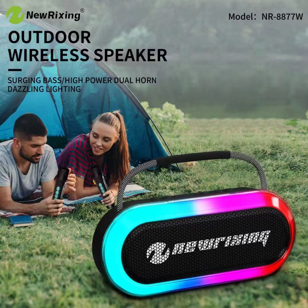 New Rixing NR-8877W RGB Bluetooth Speaker – 30W Portable Sound System with Dual Wireless Microphones