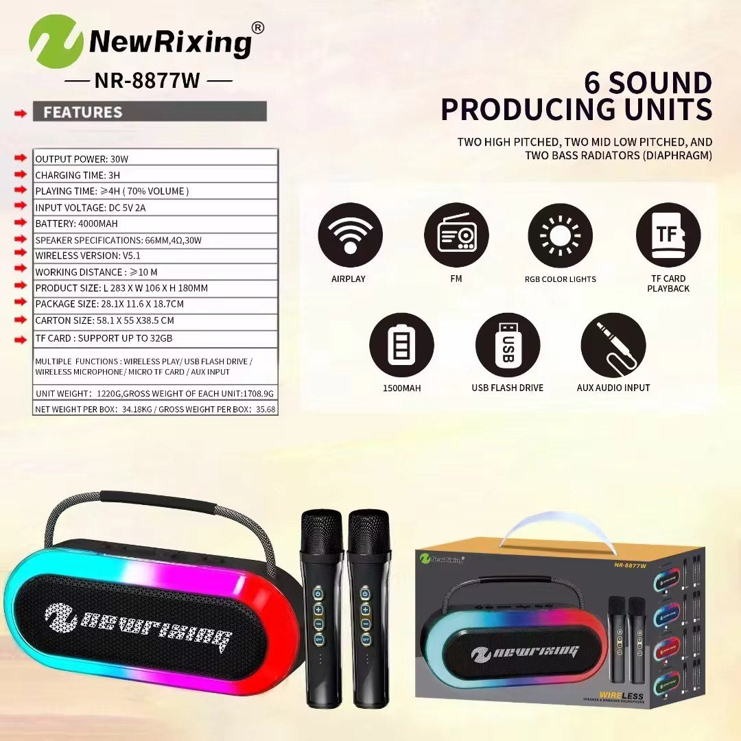 New Rixing NR-8877W RGB Bluetooth Speaker – 30W Portable Sound System with Dual Wireless Microphones