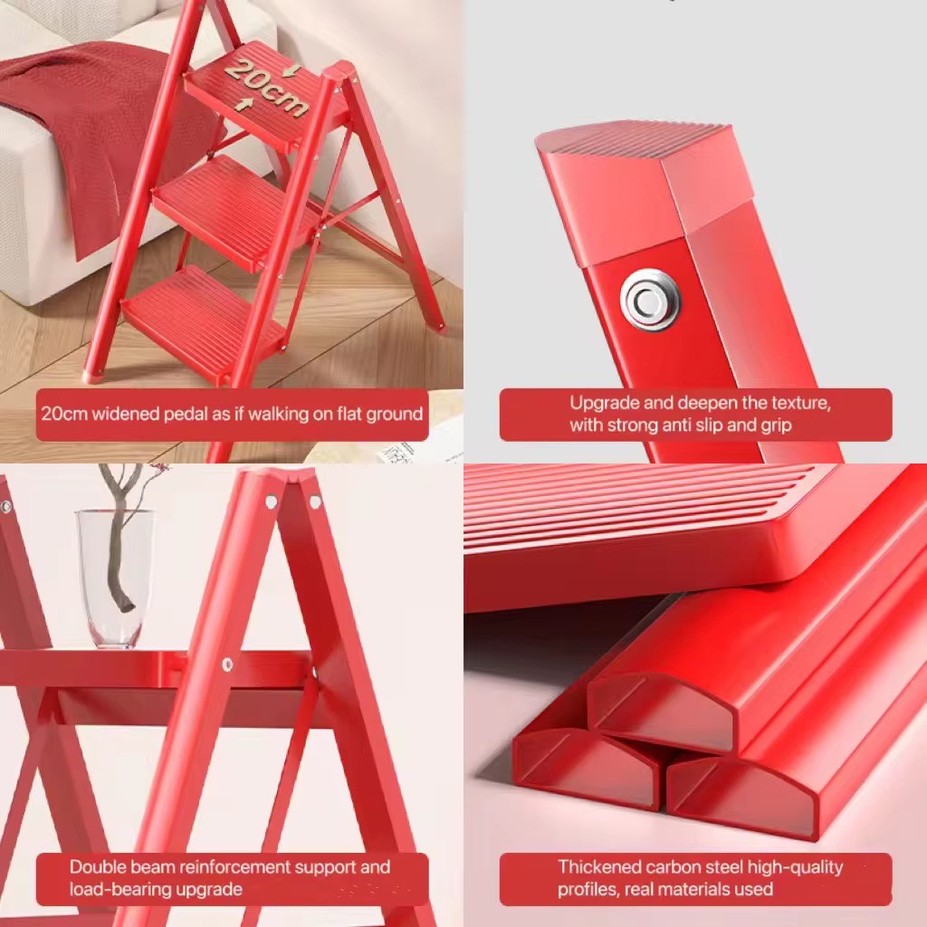 Multi-Functional 4-Step Indoor Folding Ladder – Carbon Steel Construction with Telescopic Design, Anti-Slip Rubber Grip Steps, Modern Space-Saving Style, Portable and Compact for Household Use, High Load Capacity for Safe Climbing and Versatile Home Tasks