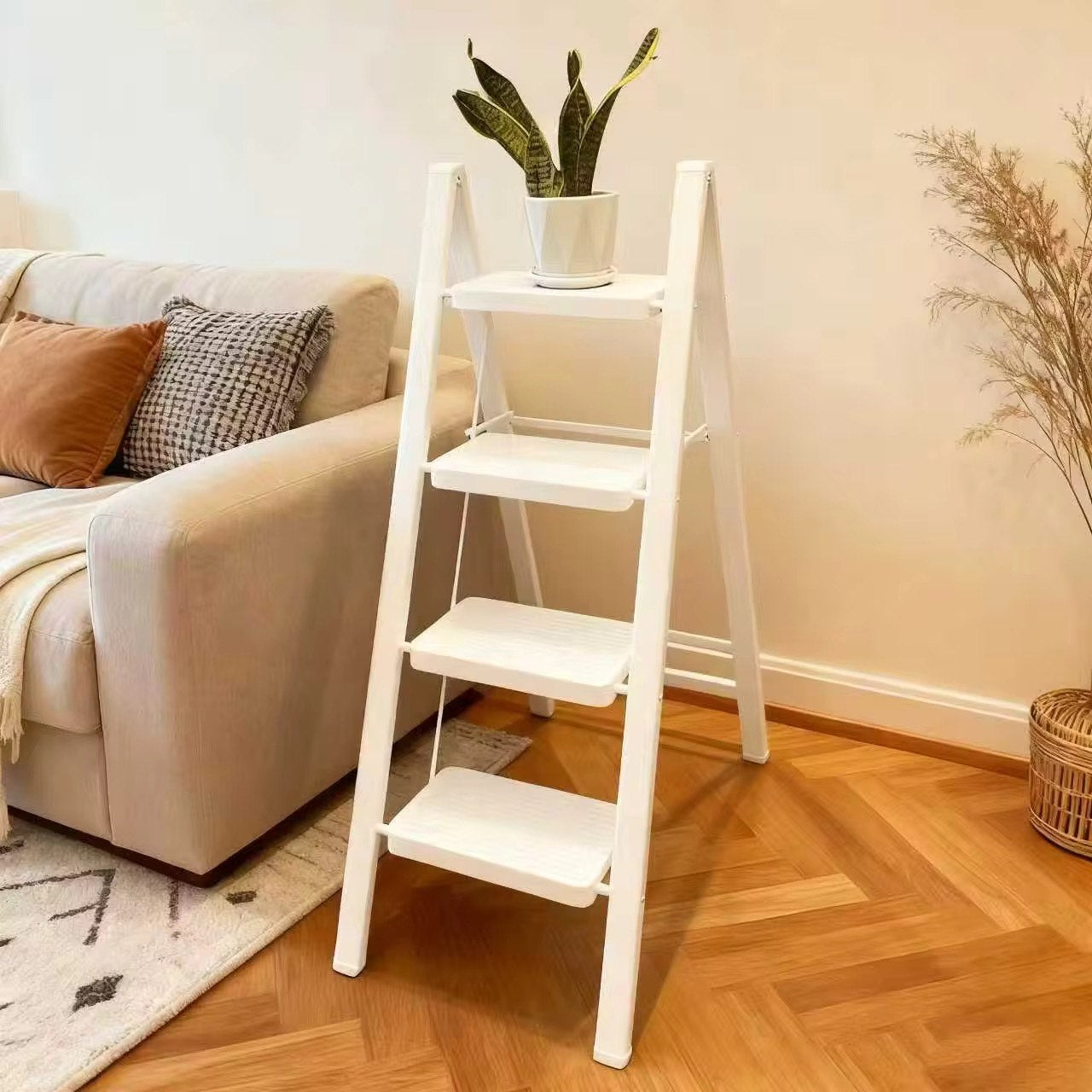 Multi-Functional 4-Step Indoor Folding Ladder – Carbon Steel Construction with Telescopic Design, Anti-Slip Rubber Grip Steps, Modern Space-Saving Style, Portable and Compact for Household Use, High Load Capacity for Safe Climbing and Versatile Home Tasks
