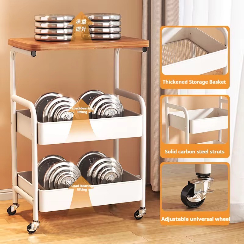 ECO-FRIENDLY Durable 3-Tier Metal Trolley Cart with Rolling Wheels Wooden Panel Storage Rack Shelf Organizer Coffee Table Side Table with 2 Lockable Casters