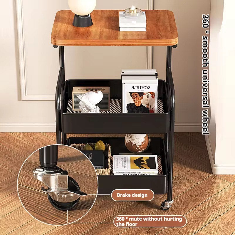 ECO-FRIENDLY Durable 3-Tier Metal Trolley Cart with Rolling Wheels Wooden Panel Storage Rack Shelf Organizer Coffee Table Side Table with 2 Lockable Casters