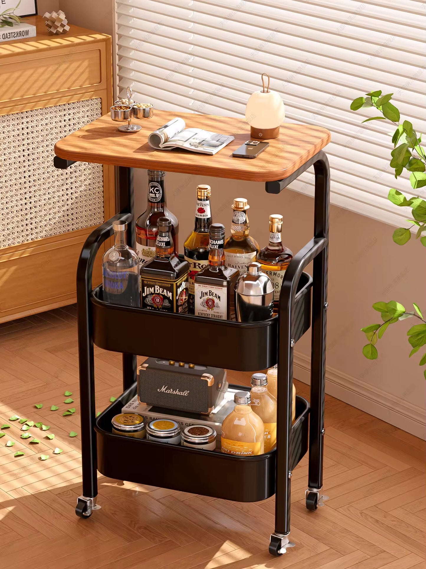 ECO-FRIENDLY Durable 3-Tier Metal Trolley Cart with Rolling Wheels Wooden Panel Storage Rack Shelf Organizer Coffee Table Side Table with 2 Lockable Casters