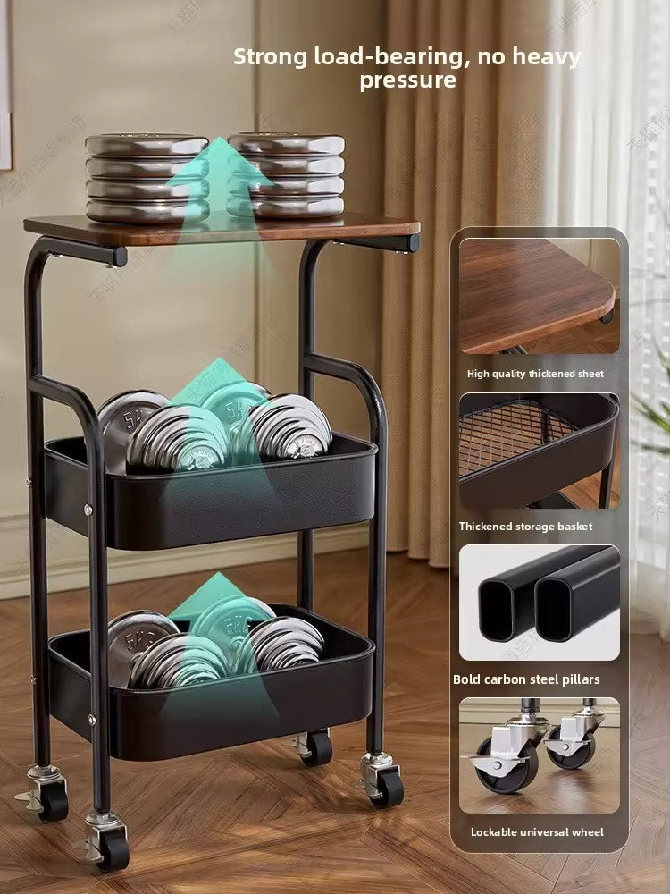 ECO-FRIENDLY Durable 3-Tier Metal Trolley Cart with Rolling Wheels Wooden Panel Storage Rack Shelf Organizer Coffee Table Side Table with 2 Lockable Casters