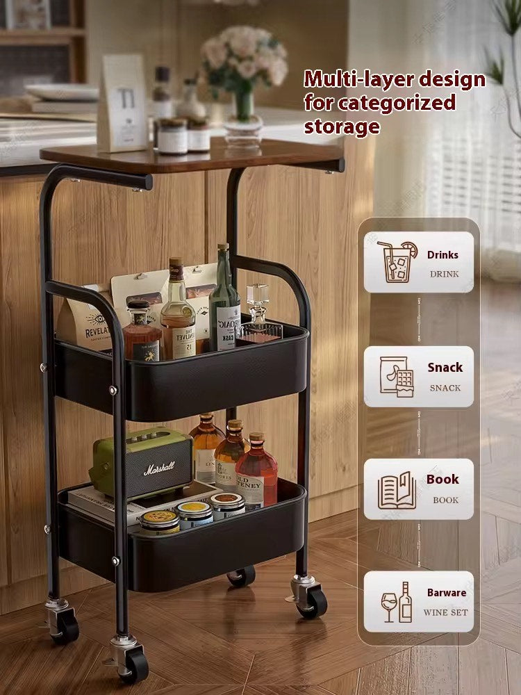 ECO-FRIENDLY Durable 3-Tier Metal Trolley Cart with Rolling Wheels Wooden Panel Storage Rack Shelf Organizer Coffee Table Side Table with 2 Lockable Casters