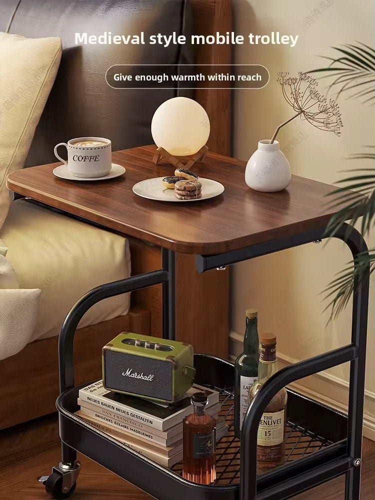 ECO-FRIENDLY Durable 3-Tier Metal Trolley Cart with Rolling Wheels Wooden Panel Storage Rack Shelf Organizer Coffee Table Side Table with 2 Lockable Casters