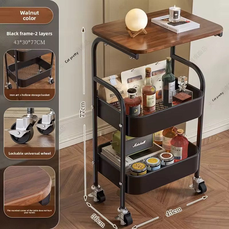 ECO-FRIENDLY Durable 3-Tier Metal Trolley Cart with Rolling Wheels Wooden Panel Storage Rack Shelf Organizer Coffee Table Side Table with 2 Lockable Casters