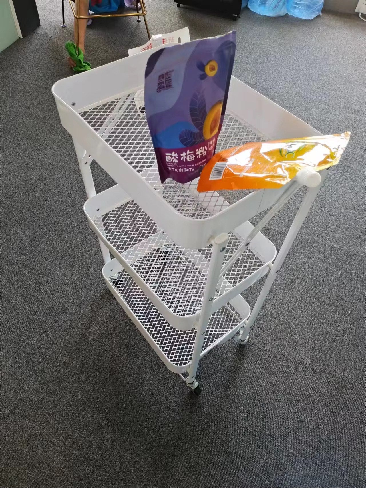Multi-Purpose Kitchen 3-Layer Metal Trolley Folding Grocery Kitchen Spice Boxes Oragnizer ,Living Room Uses Cart Movable Storage Metal Utility Foldable Rolling Utility Carts with Wheels