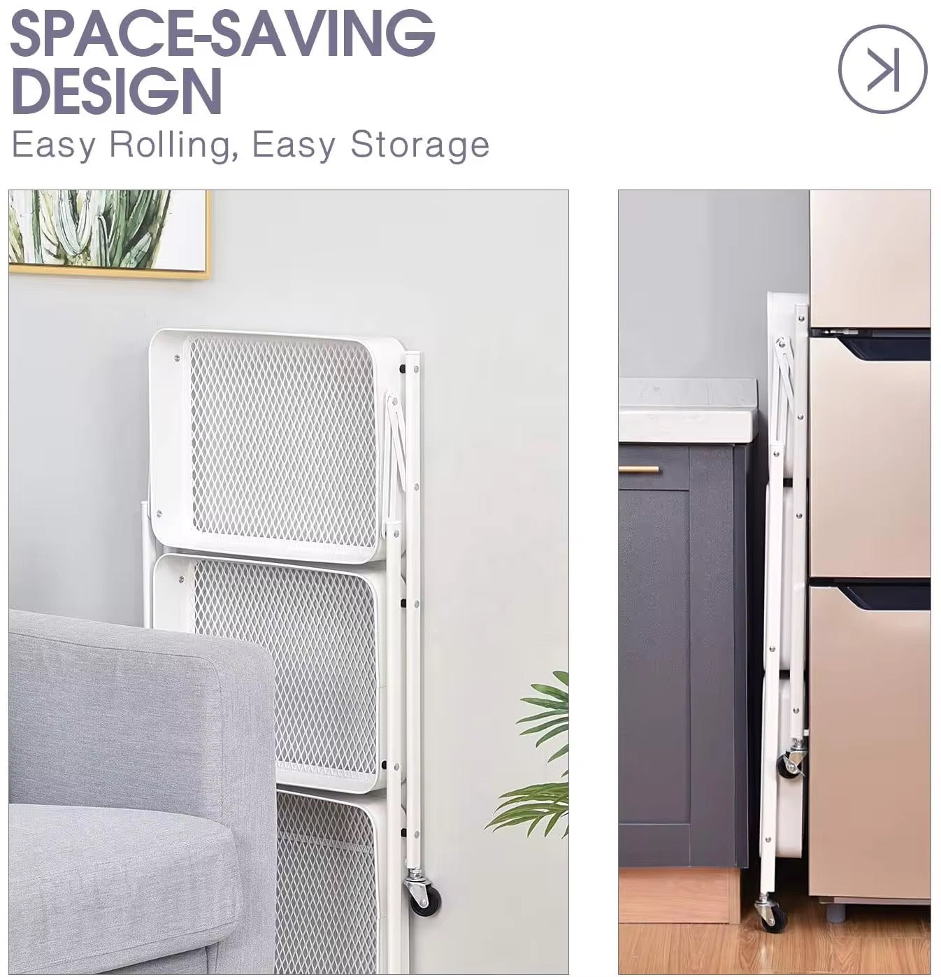Multi-Purpose Kitchen 3-Layer Metal Trolley Folding Grocery Kitchen Spice Boxes Oragnizer ,Living Room Uses Cart Movable Storage Metal Utility Foldable Rolling Utility Carts with Wheels