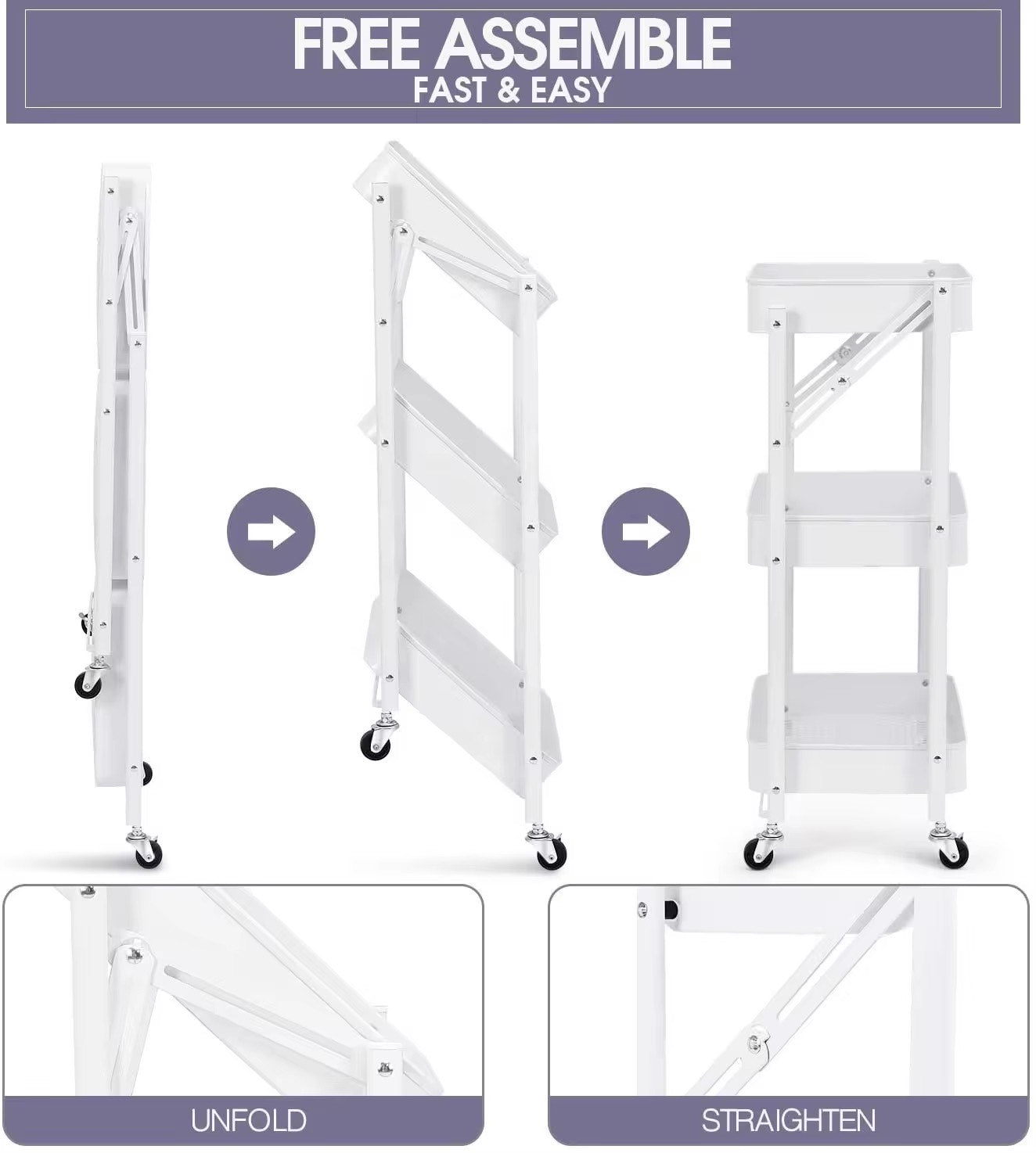 Multi-Purpose Kitchen 3-Layer Metal Trolley Folding Grocery Kitchen Spice Boxes Oragnizer ,Living Room Uses Cart Movable Storage Metal Utility Foldable Rolling Utility Carts with Wheels