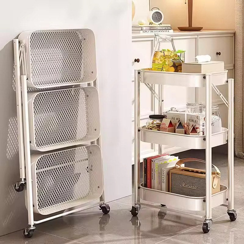Multi-Purpose Kitchen 3-Layer Metal Trolley Folding Grocery Kitchen Spice Boxes Oragnizer ,Living Room Uses Cart Movable Storage Metal Utility Foldable Rolling Utility Carts with Wheels